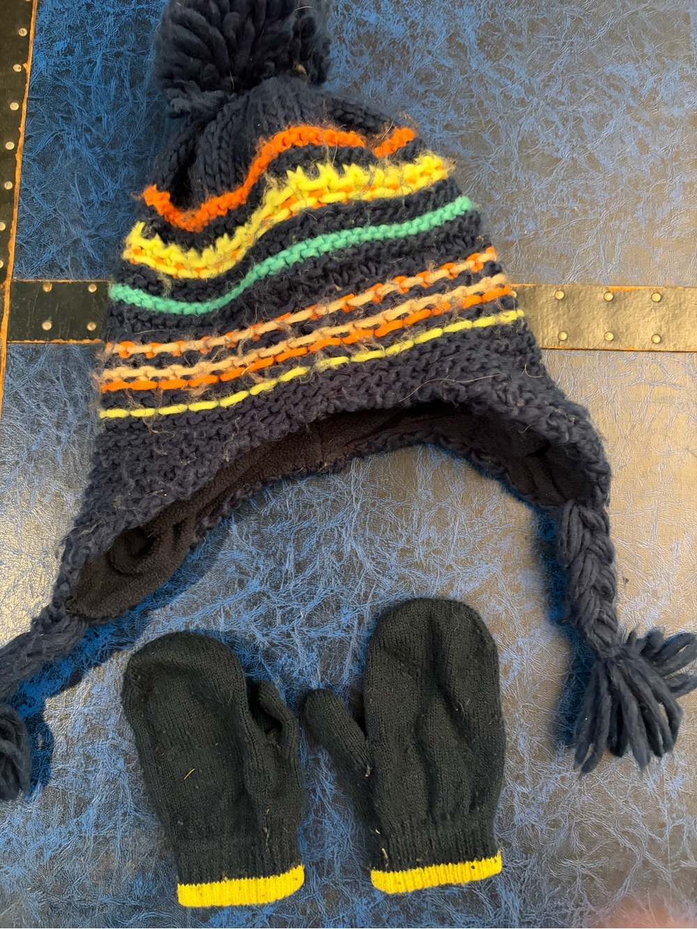 Children's Navy Knit Earflap Hat with Colorful Stripes & Matching Black Mittens